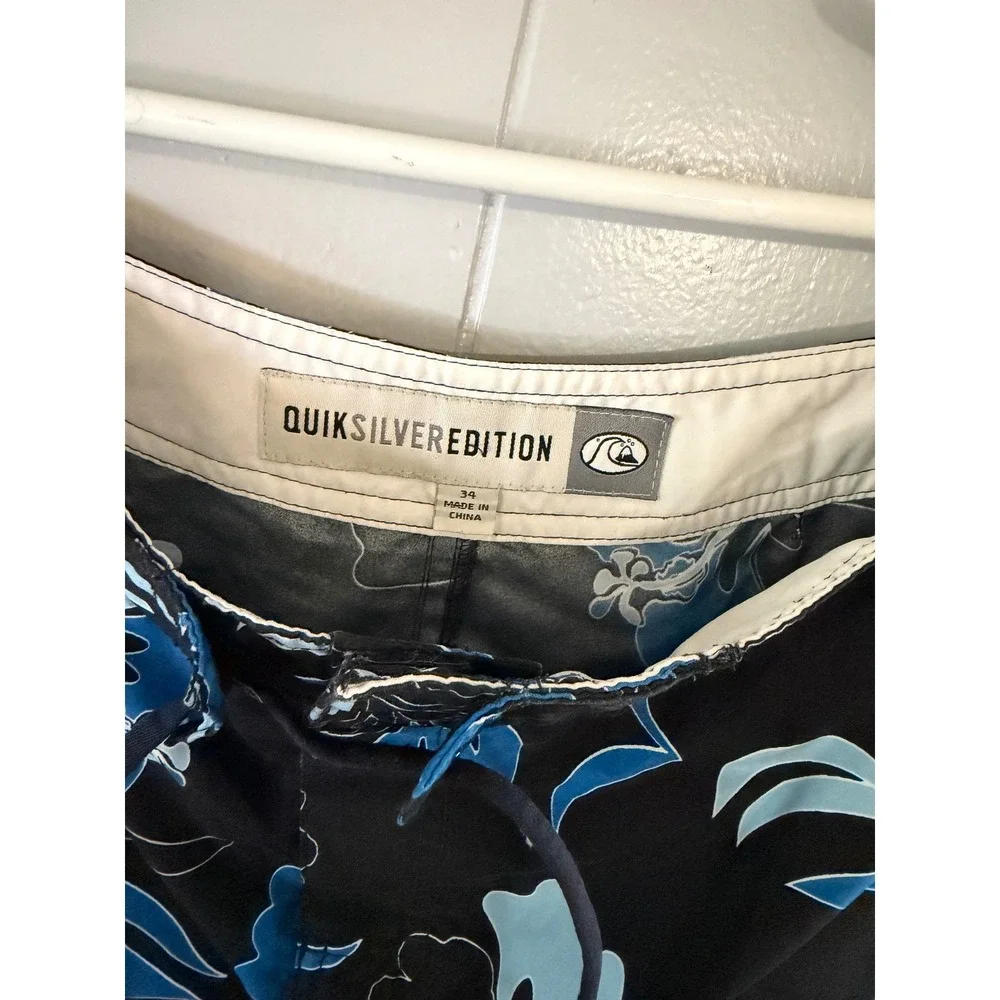 Quiksilver Edition Board Shorts Mens 34 Black Blue Tropical Hibiscus Floral Surf